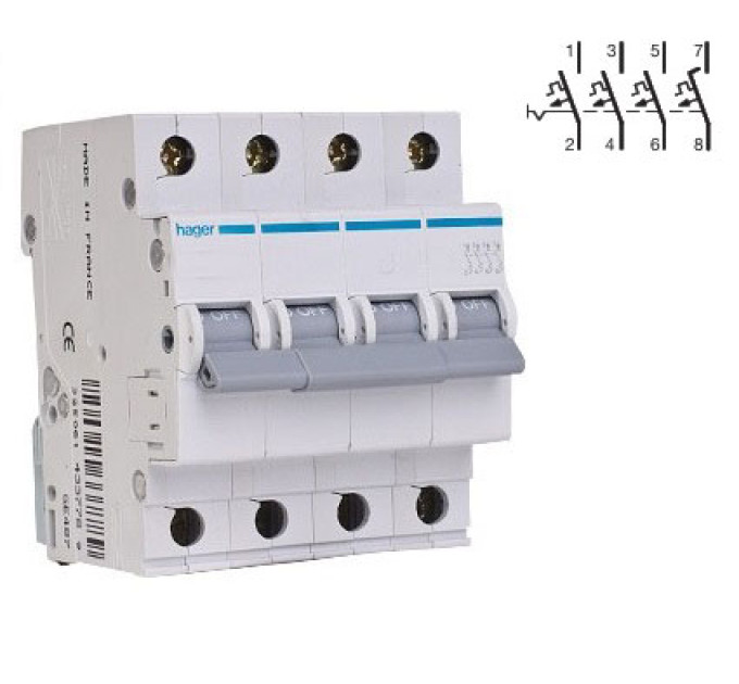 Автоматичний вимикач Hager In=40A, 4п, C, 6кА (MC440A)