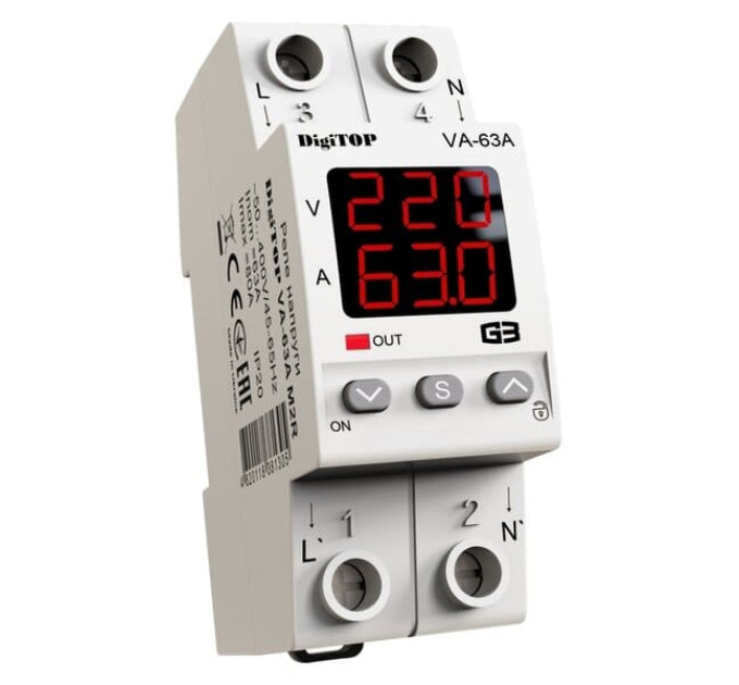 Реле напруги з контролем струму DigiTOP VA-63A M2R 63А 2DIN однофазне, термозахист
