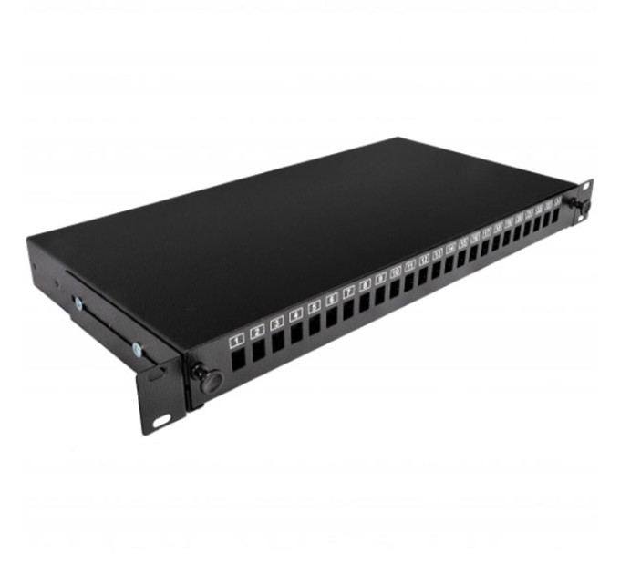 Патч-панель ВО 24 порта SC simplex/LC duplex, пустая, 2xPG13.5+2xPG16, 19’’ 1U, цвет черный, Украина