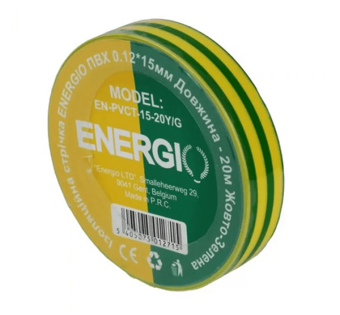 Ізоляційна стрічка ENERGIO ПВХ 0.13*15мм 20м жовто-зелена