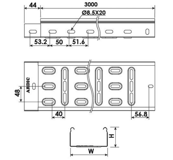 Лоток 100х50 мм ARDIC перфорированный, оцинкованый, серия LIGHT