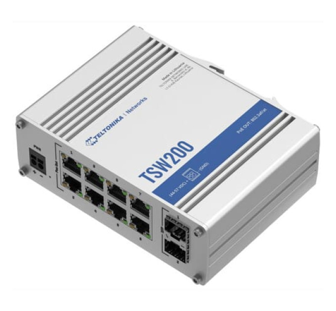 TSW200 8х1000Mb Промышленный PoE+ SFP коммутатор на DIN-рейку Teltonika