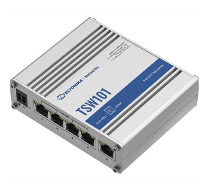 TSW101 5х1000Mb Промышленный PoE+ коммутатор, 12-24В, на DIN-рейку Teltonika