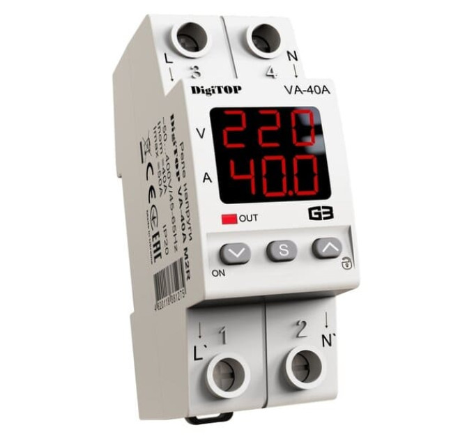 Реле напруги з контролем струму DigiTOP VA-40A M2R 40А 2DIN однофазне, термозахист