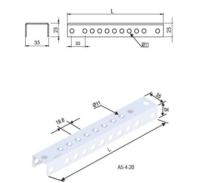 Планка для підвісу лотка шир. 200мм під шпильку , ARDIC товщ. 2мм, A3-100-20-280