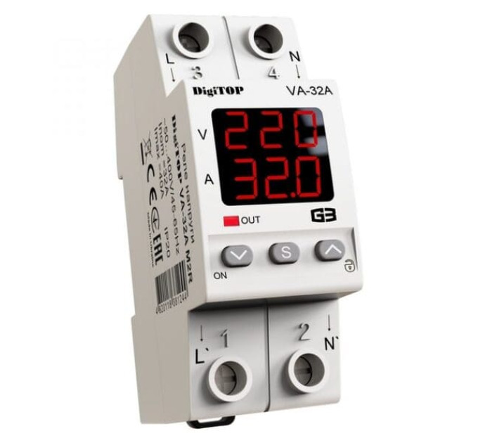 Реле напруги з контролем струму DigiTOP VA-32A M2R 32А 2DIN однофазне, термозахист