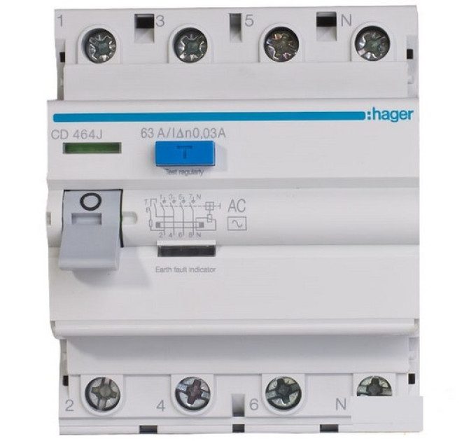 ПЗВ Hager In=63A, 4п, тип AC, 30мА (CD464J)
