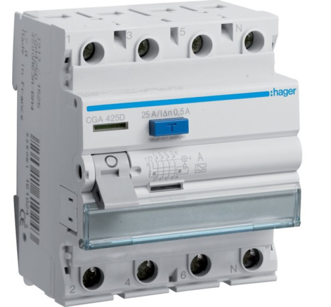 ПЗВ Hager In=25A, 4п, тип A, 500мА (CGA425D)